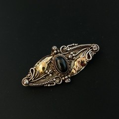 Vintage Silver 22K Gold Brooch Black Stone Floral Romantic Art Nouveau Revival