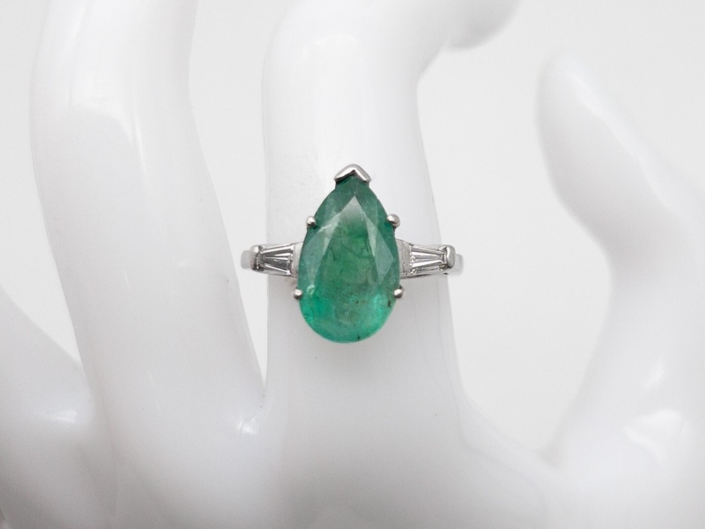 Vintage 1940s $9000 5.30ct Pear Cut Natural Emerald Diamond Platinum Ring 6g