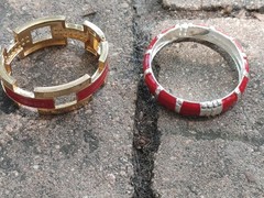 2 Vintage Hinged Bangle Bracelets with Red Enamel 1 Gold Tone 1 Silver Tone 80’s