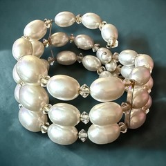 Faux Pearl Bracelet Memory Wire Crystal Multi Strand Wrap Cuff Vintage