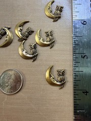 10 Vintage Raw Brass Owl on Crescent Moon Stampings 18mm Celestial NOS Findings