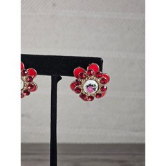 Vintage Red Floral Stud Earrings Rhinestone Rose Enamel Gold Tone