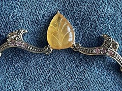Vintage Opalescent Leaf Necklace Rhinestone Art Nouveau Style Amber Glass Dangle