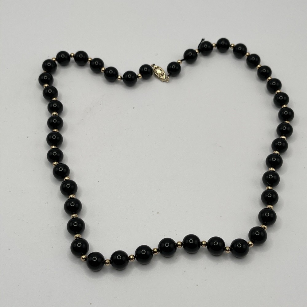 Vintage Black Onyx Beaded Necklace 14k Gold Clasp 18” As Is Restring