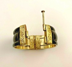 Ebony Horn Bracelet w/Bone Inlay and Repousse Silver and Pin Closure