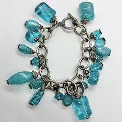 Vtg Bold Teal Resin Chunky Bead Charm Chain Cha Cha Statement Bracelet 7.5 Inch