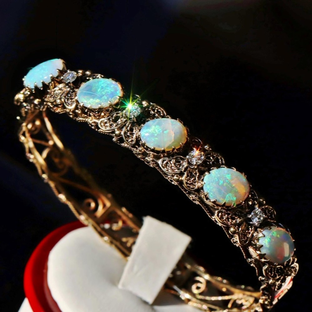 14k y/gold bracelet 5.50ct natural opal diamond 7.0″ bangle antique 25.90g N3216