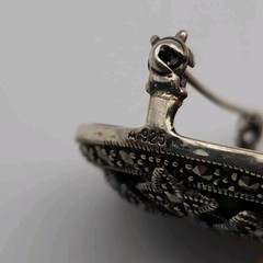 Vintage Art Deco Markasite Round Geometric Domed Sterling Silver 925 Brooch Pin