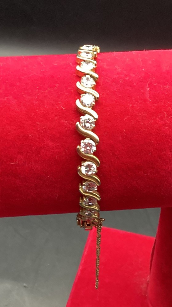 Vintage Gold Tone S Link Tennis Bracelet With Cubic Zirconias 7in