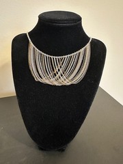 Vintage SAQ Signed Multi-Color Multi-Strand Fringe Bib Chain Necklace 17-20″.