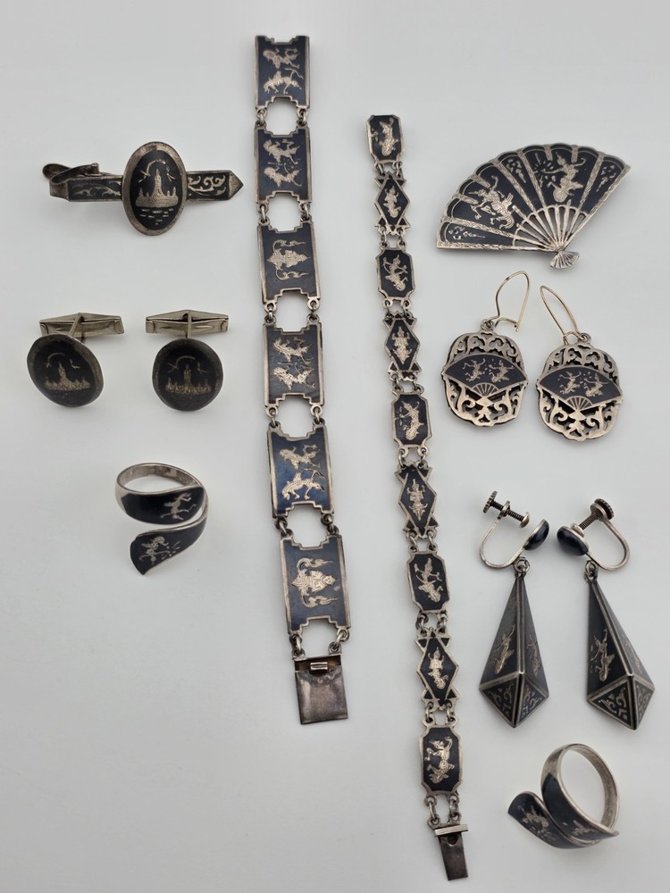 Rare Antique 1940s Siam Sterling Silver Niello Jewelry His And Hers Complete Set