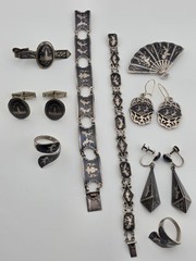 Rare Antique 1940s Siam Sterling Silver Niello Jewelry His And Hers Complete Set