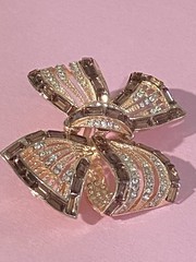 Rose Gold tone, BOW BROOCH PIN, Bezel Baguette Smoke Topaz Rhinestone & Crystals