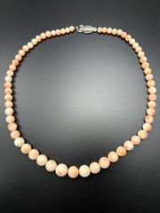 Japanese Pink Coral Bead Necklace Angel Skin Coral Graduated 10.6mm Silver Clasp