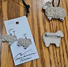 Sheep Pin, Matching Earrings And Ram Pendant Necklace Ceramic Animal