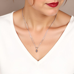 14K Solid White Gold Natural Blue Sapphire Reflect Pendant Necklace