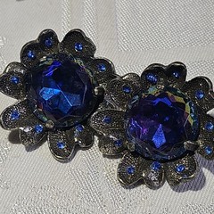 Signed Judy Lee Bracelet & Errings Blue Rhinestones Aurora Borealis Vintage