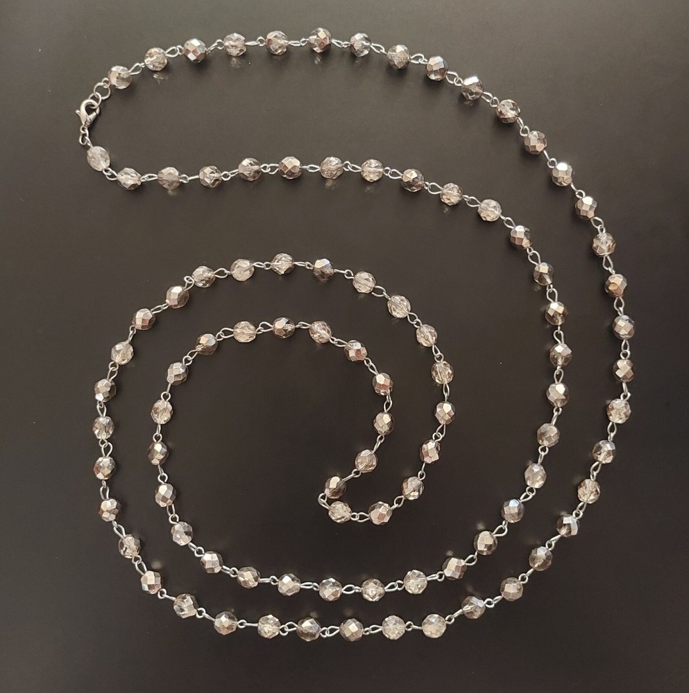 Vintage Silver-Tone Faceted Crystal Bead Long Necklace With Lobster Clasp 56 in