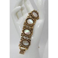 Vintage Mother of Pearl Link Bracelet Gold Tone 7.25” Safety Chain