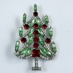 Stunning Vintage Christmas Tree Brooch Red Green Clear Rhinestone Holiday Pin