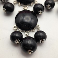Vintage Black Cabochon Statement Necklace Silver Tone Bib Dangle 26 In Bold Y2K