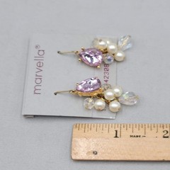 Vintage Marvella Pink Rhinestone White Bead Pierced Earrings Dangle 1.25″