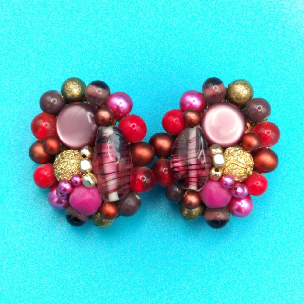 Vintage Japan Multi-Color Clip On Cluster Beaded Earrings Boho Chic