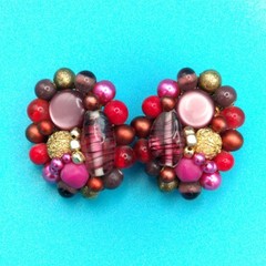 Vintage Japan Multi-Color Clip On Cluster Beaded Earrings Boho Chic