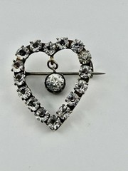 Antique Victorian Clear Paste Stones Heart Silver Brooch & Paste Dangle Center