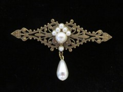 Vintage Ornate Metal Bar Dangle Brooch with Faux Pearls