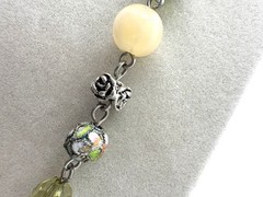 Green & Blue Cloisonne White And Sand Colored Beaded Necklace Silver Tone