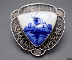Sterling Silver Porcelain Vintage Delft Blue Ceramic Dutch Jewelry Set