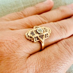 Antique Art Deco 10K Yellow Gold Diamond Filigree Ring Size 6