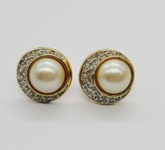 MONET Clip Earring Faux pearl PAVE crystal accent Gold tone Vintage .75 in