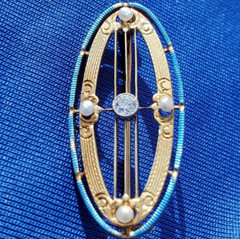 Original EARTH MINED DIAMOND Deco Brooch Antique Krementz Enamel SOLID 14K GOLD