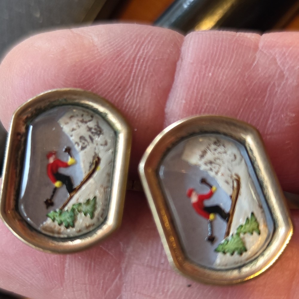 Swank Vintage Hand-Painted Skiing Sports Brass Rectangular Cufflinks