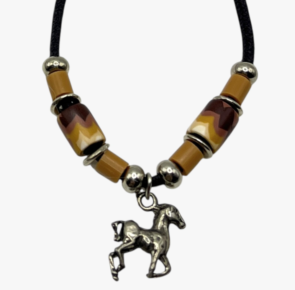 VTG Silver Horse Pendant Necklace Southwest Bead Charm Black Cord Pony Unisex