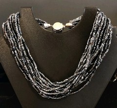 Black Czech Glass 12 Strand 1950’s Necklace Statement Push In Clasp VTG 15″