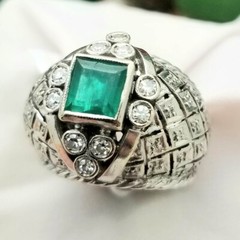 18K White Gold Large 1CT Colmbian Emerald Diamond Cocktail Dome Ring-1960s