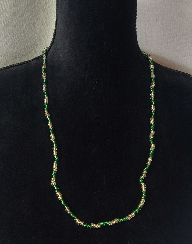 Vtg Hand Beaded Necklace Green Clear Beads Silver Tone Closure Costume Jewelry
