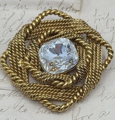 Large Brooch Goldtone Knotted Rope Clear Center Rhinestone VINTAGE 90s