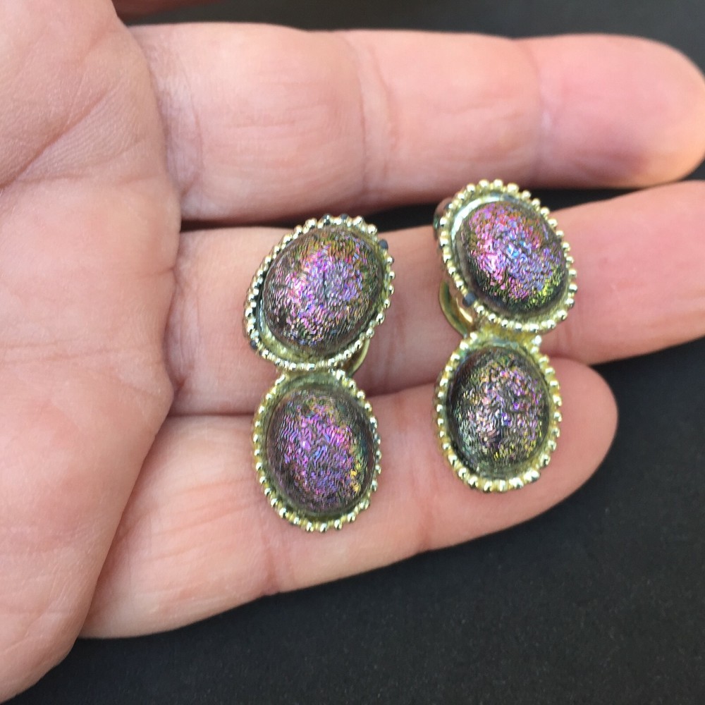 Iridescent Purple Peacock Glass Cabochon Earring Vintage Mid Century Modern Oval