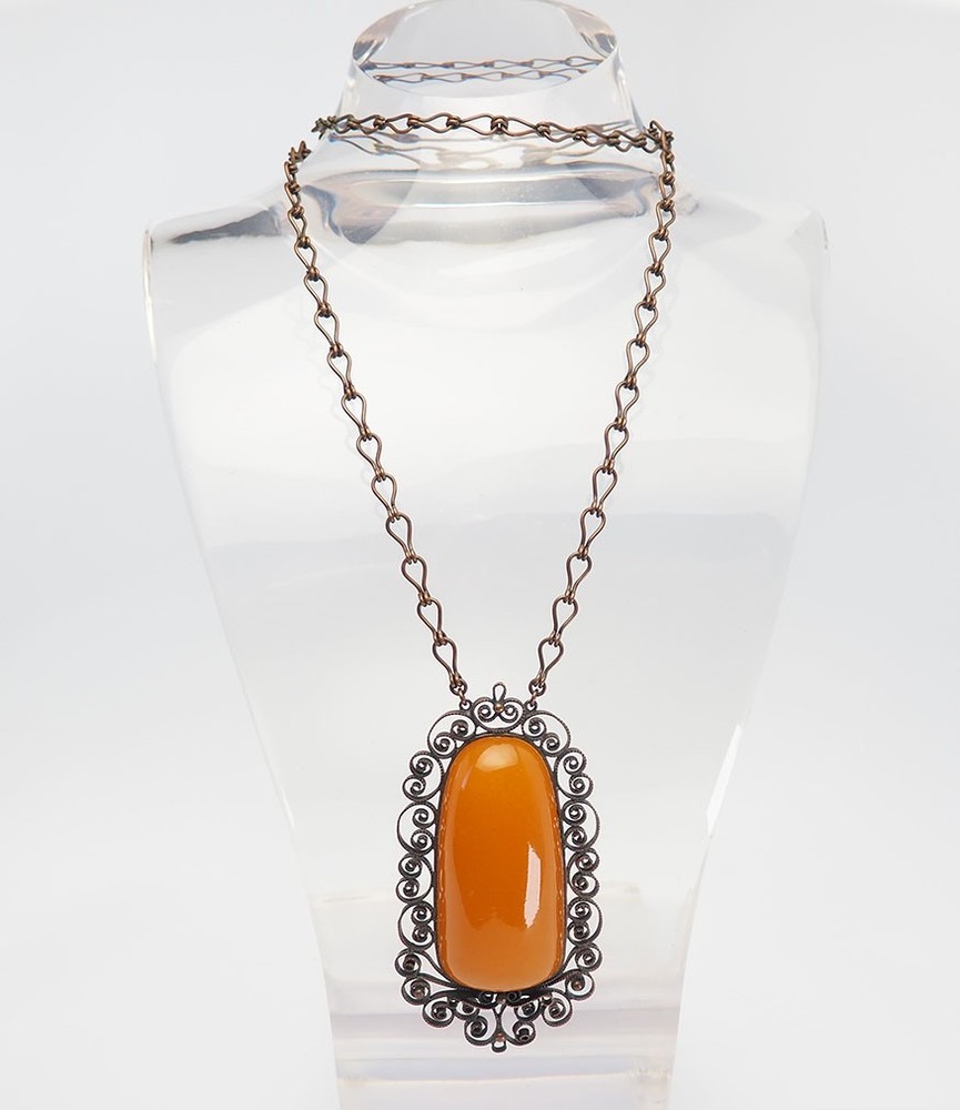Fabulous large vintage ethnic Baltic amber ornate copper necklace Latvia