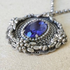 Vtg Antique Silver Tone Filigree Blue Glass Stone Pendant Necklace Victorian