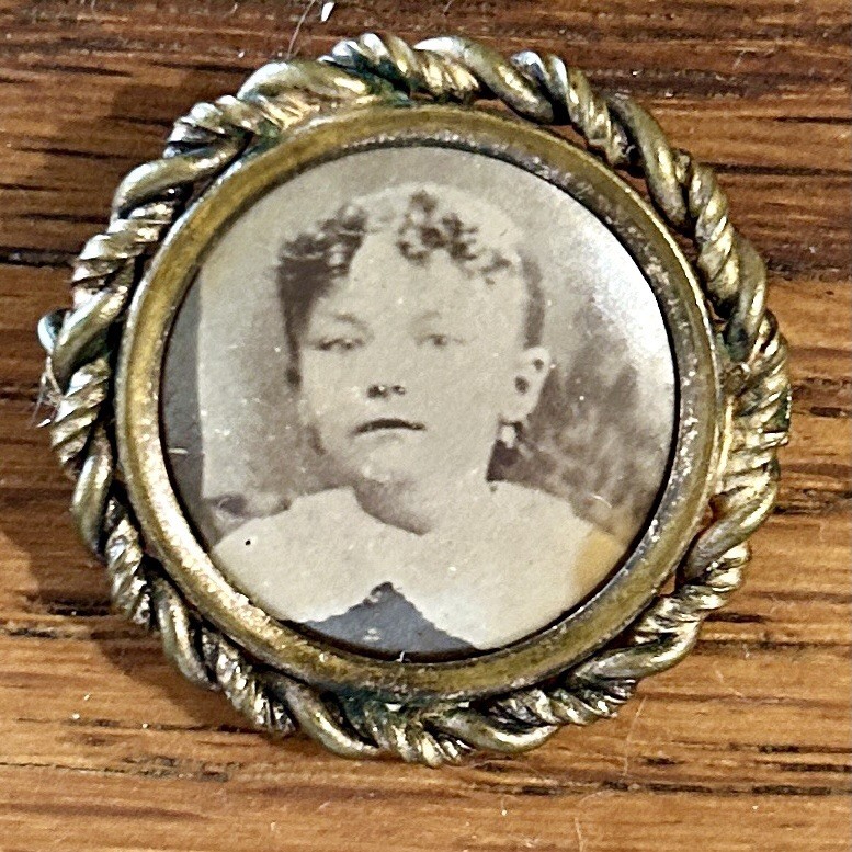 Antique Victorian Photo Brooch Date Inscribed Young Girl Mourning C-Clasp Pin