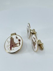 Mr Tara River boat cufflinks and tie clip set red gold white enamel 1″