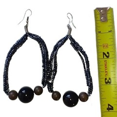 Beaded Hoop Earrings Black Dangle Large Metallic Bohemian Lightweight Vtg Witchy