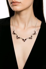 Garnet Necklace Sterling Silver Choker Red Gemstone Cluster V Shape Statement