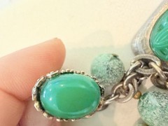 Vintage Silver Tone Charm Bracelet Faux Jade Tusk Boho Missing Stone Repair