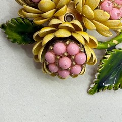 Vintage Enamel Flower Brooch Yellow Pink Green Floral Mid Century Botanical 3″